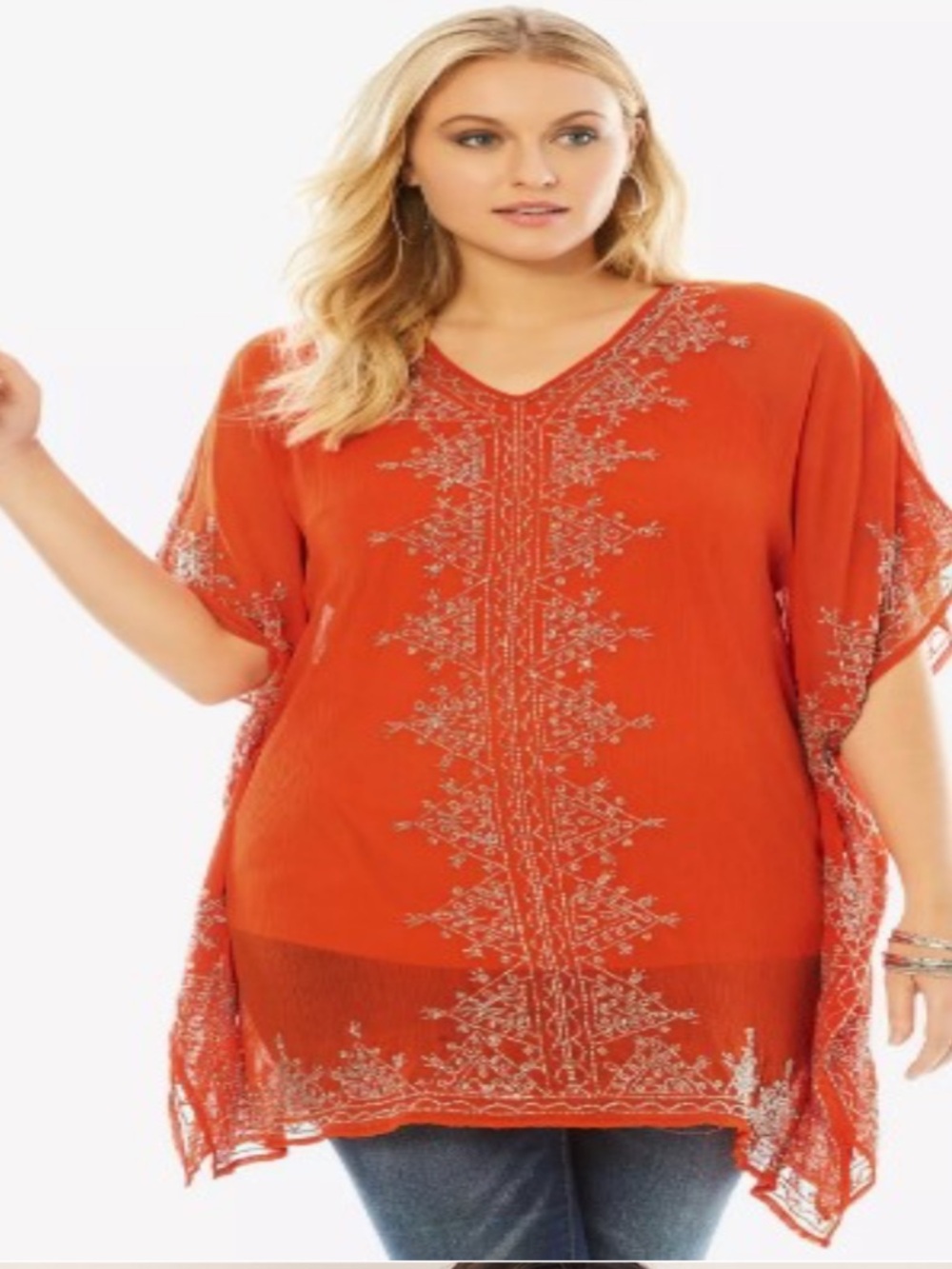 Roaman's orange hand-beaded sheer tunic Top made in India Size 14/16